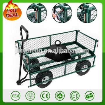 popular 300kg cApacity heavy duty metal garden trolley green trailer cart truck 4 Wheel Transport Metal Wheelbarrow garden wagon