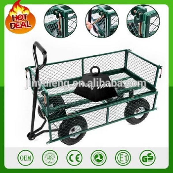popular 300kg cApacity heavy duty metal garden trolley green trailer cart truck 4 Wheel Transport Metal Wheelbarrow garden wagon #1 image