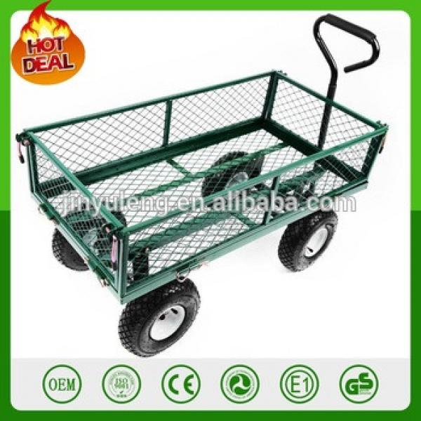 300kg capacity 4 wheel heavy duty metal garden trolley green trailer cart truck 4 Wheel Transport Metal Wheelbarrow garden wagon #1 image